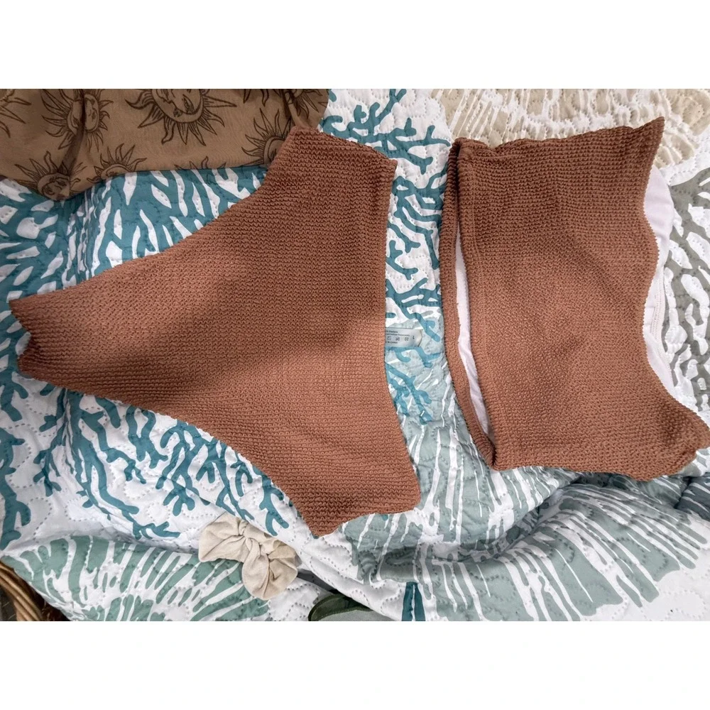 Unbranded Terracotta Brown Smocked Bandeau Bikini Set with Sun Mesh Sarong L